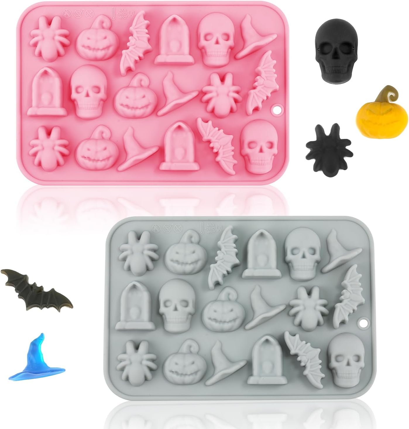 2 moldes para dulces de Halloween, molde de silicona de caramelo de chocolate para Halloween, calavera, calabaza, molde de silicona de Halloween