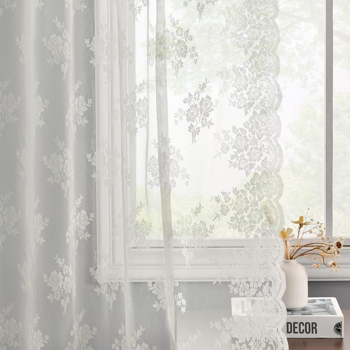 Kotile Cortinas de encaje con ojales de 95 pulgadas de largo, cortinas rústicas de encaje floral, juego de 2 paneles para sala de estar, cortinas