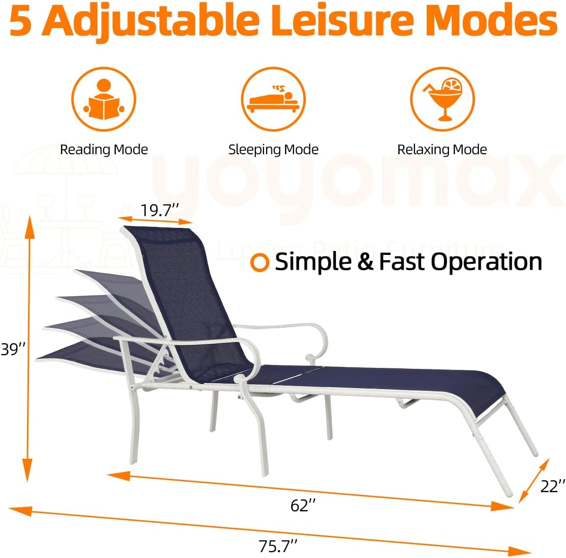 Chaise Lounge para exteriores con respaldo ajustable en 5 niveles reclinables, marco de metal resistente, silla para tomar el sol para playa, patio,