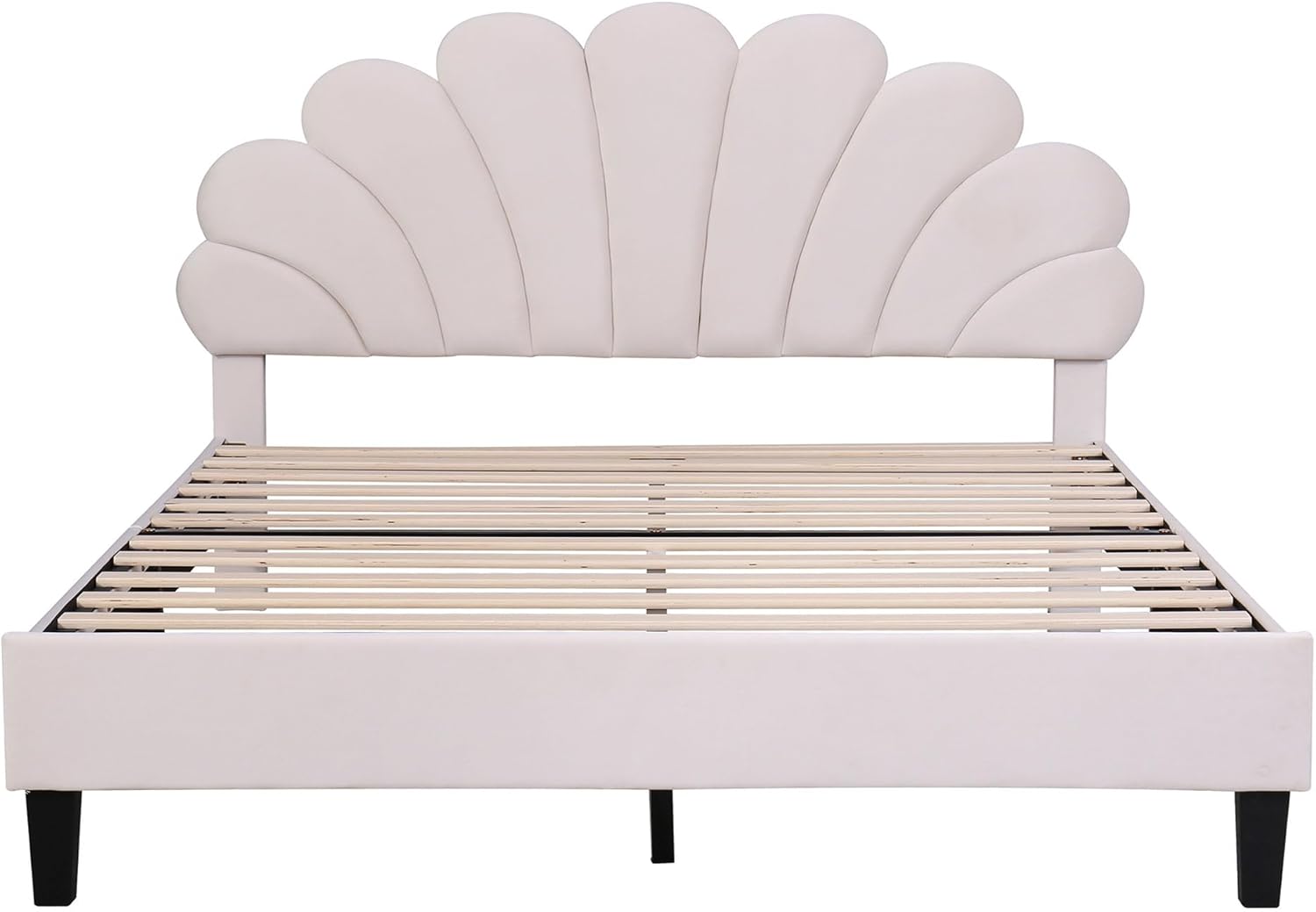 Merax Cama de plataforma tapizada tamaño Queen con marco de madera con patrón de flores cabecera de terciopelo para dormitorio, niños, niñas y