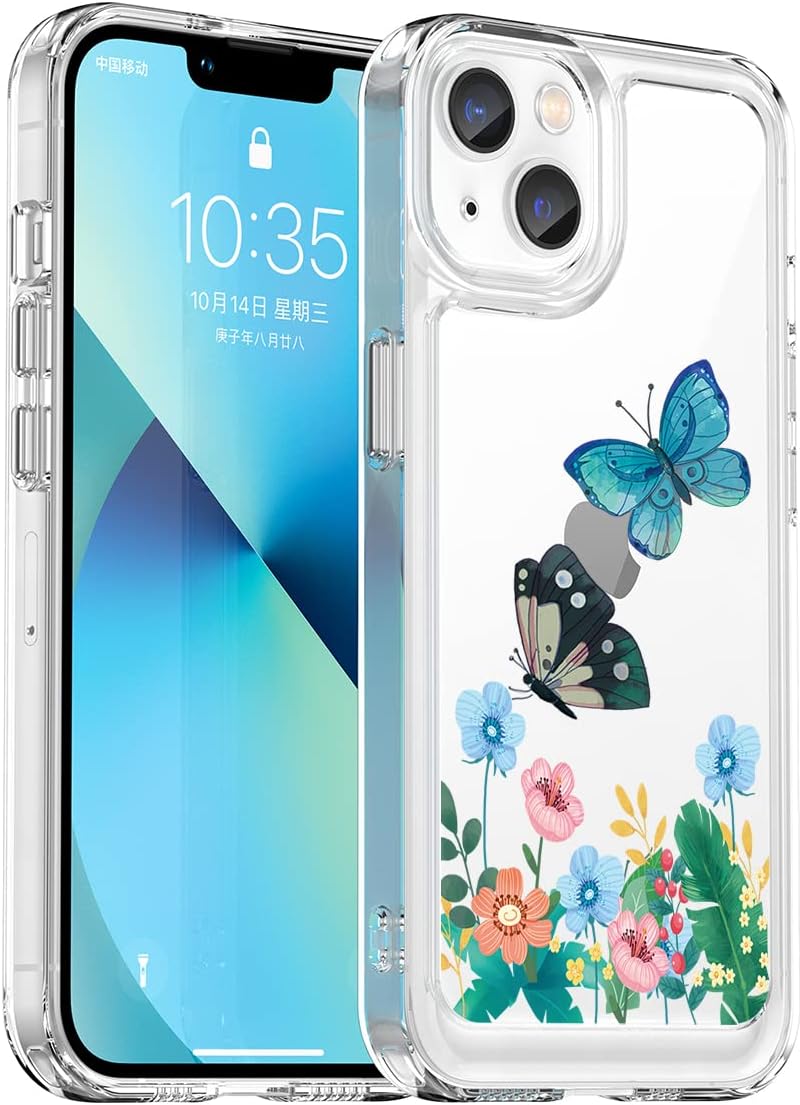 Funda para iPhone 13 con protector de pantalla 9D HD, transparente floral para niñas, a prueba de golpes, carcasa trasera de policarbonato duro para