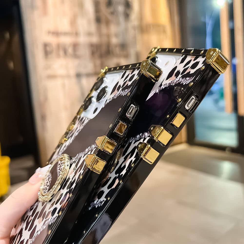 Funda cuadrada de lujo compatible con iPhone 15 Pro de 6.1 pulgadas, funda con soporte de diamante de leopardo, silicona suave y brillante a prueba