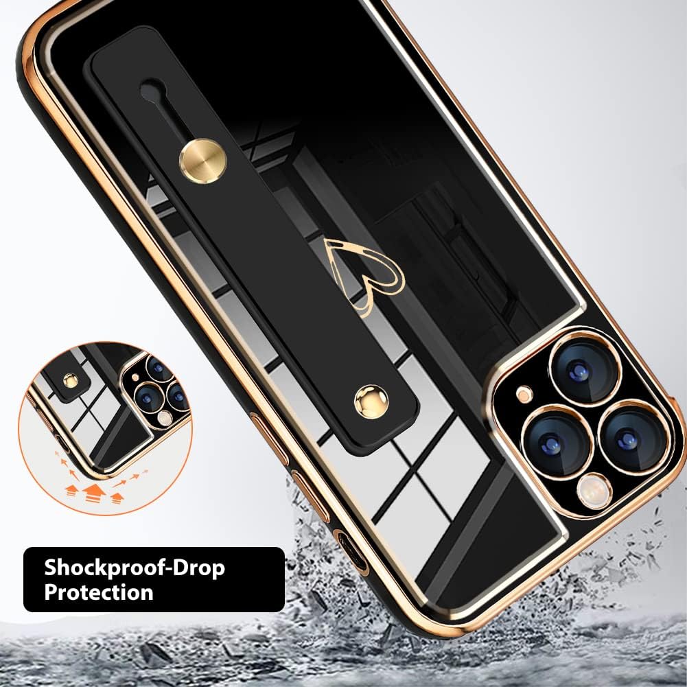KANGHAR Funda diseñada para iPhone 11 Pro Max con correa para la muñeca, diseño de corazón chapado en oro, funda protectora delgada de cuerpo