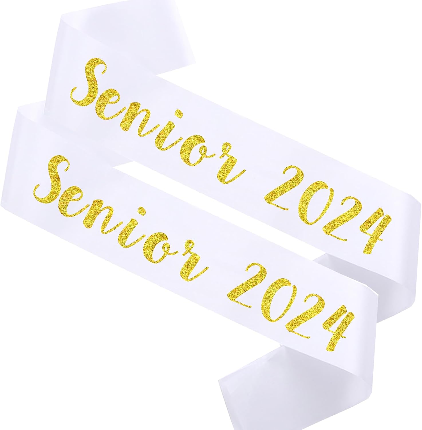 2 bandas para adultos mayores 2024, letras doradas con purpurina blanca clase de 2024, fajas de graduación, decoración de fiesta de animadora