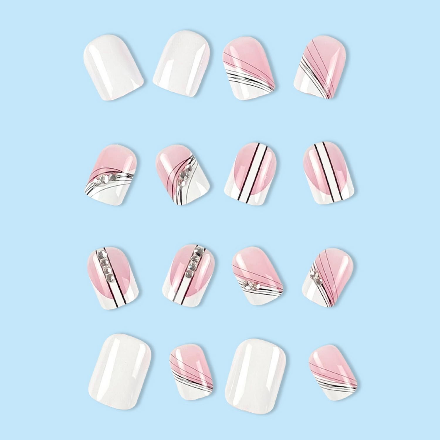 Uñas postizas a presión de punta francesa medianas con diseños de líneas negras, uñas adhesivas con diamantes de imitación blanco nude crema con