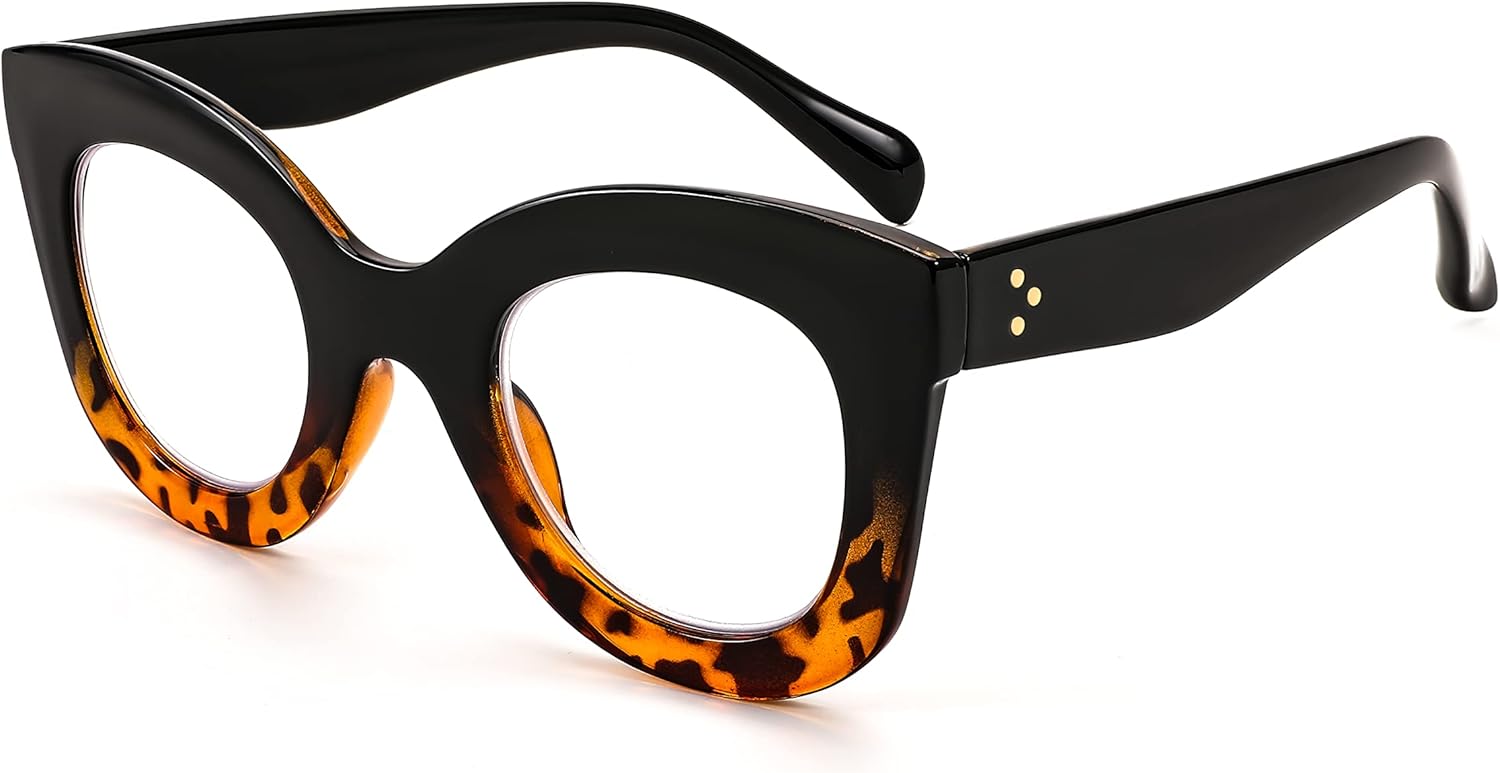 FEISEDY Gafas de lectura retro de gran tamaño con bloqueo de luz azul ojo de gato, marco grueso, antirreflejos, lectores digitales antifatiga ocular
