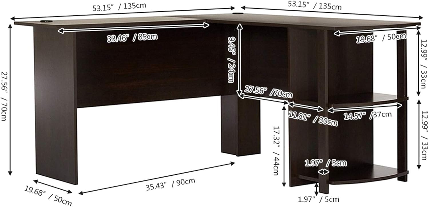 JASOYA Escritorio para computadora de madera en forma de L en ángulo recto con estantes de dos capas, color marrón oscuro para dormitorio, sala de