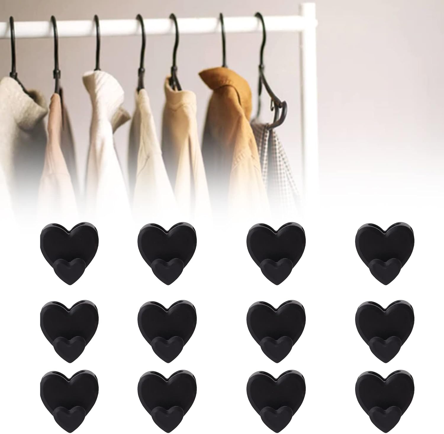 Percha de ropa con forma de corazón negro, 12 piezas, gancho para ahorrar espacio, armario, armario, ropa, ahorro de espacio