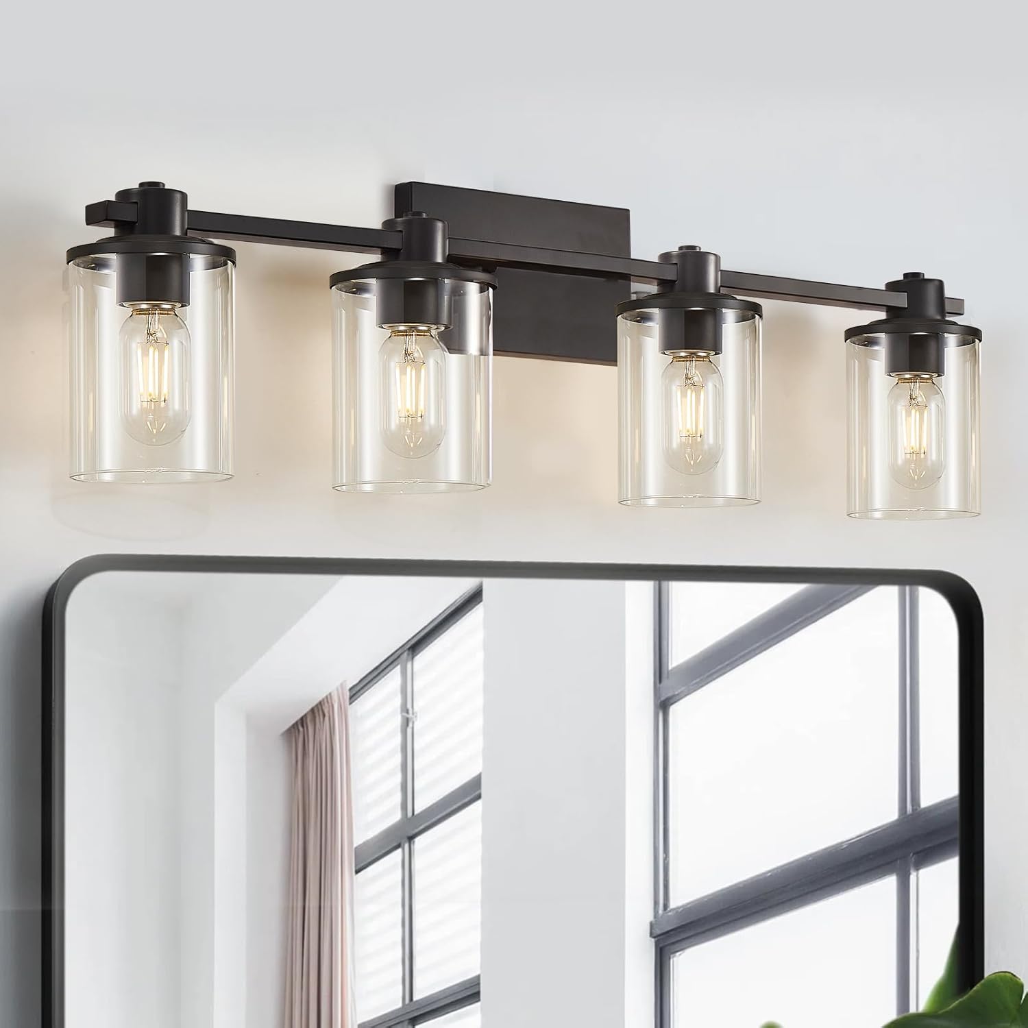 DUJAHMLAND Lámpara negra para tocador de baño, 4 luces, lámpara de tocador de baño sobre espejo, luz de tocador con pantalla de vidrio transparente,
