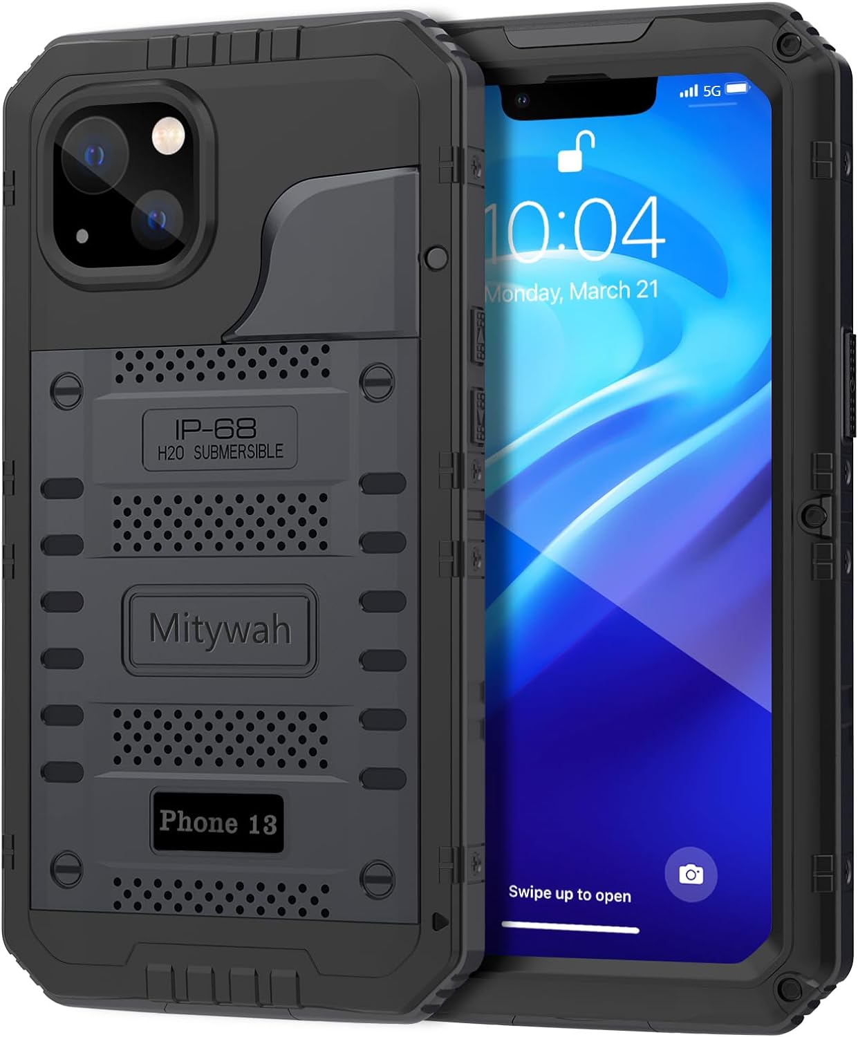Mitywah Funda impermeable para iPhone 13, funda de metal resistente de grado militar, funda protectora de pantalla integrada a prueba de golpes,