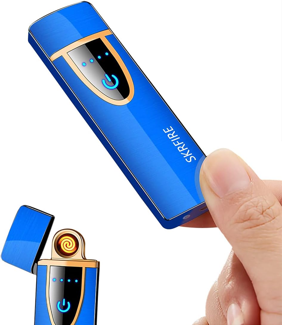SKRFIRE Encendedor eléctrico ultrafino, turbo, de tungsteno, interruptor táctil, resistente al viento, encendedor USB recargable con indicador de