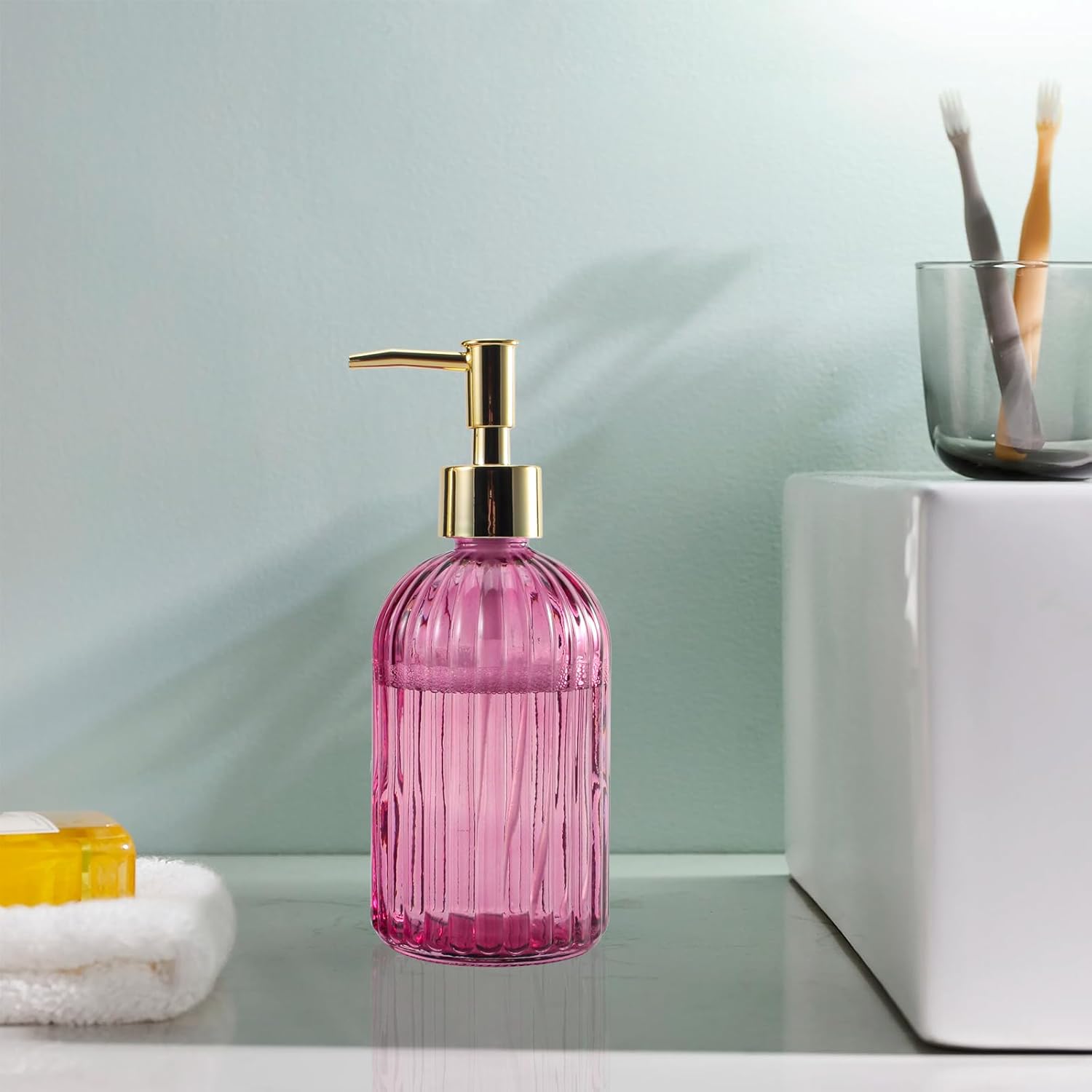 Dispensador de jabón de manos líquido recargable de 12 onzas, para baño, cocina, jabón para platos, loción, dispensador de jabón a rayas (rosa 2