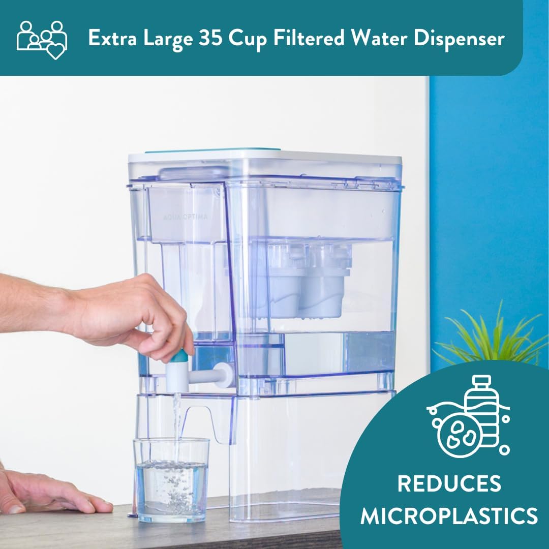 Perfect Pour XL Elite – Dispensador de filtro de agua de 35 tazas para refrigerador de Aqua Optima, reduce los microplásticos, sin BPA, certificado