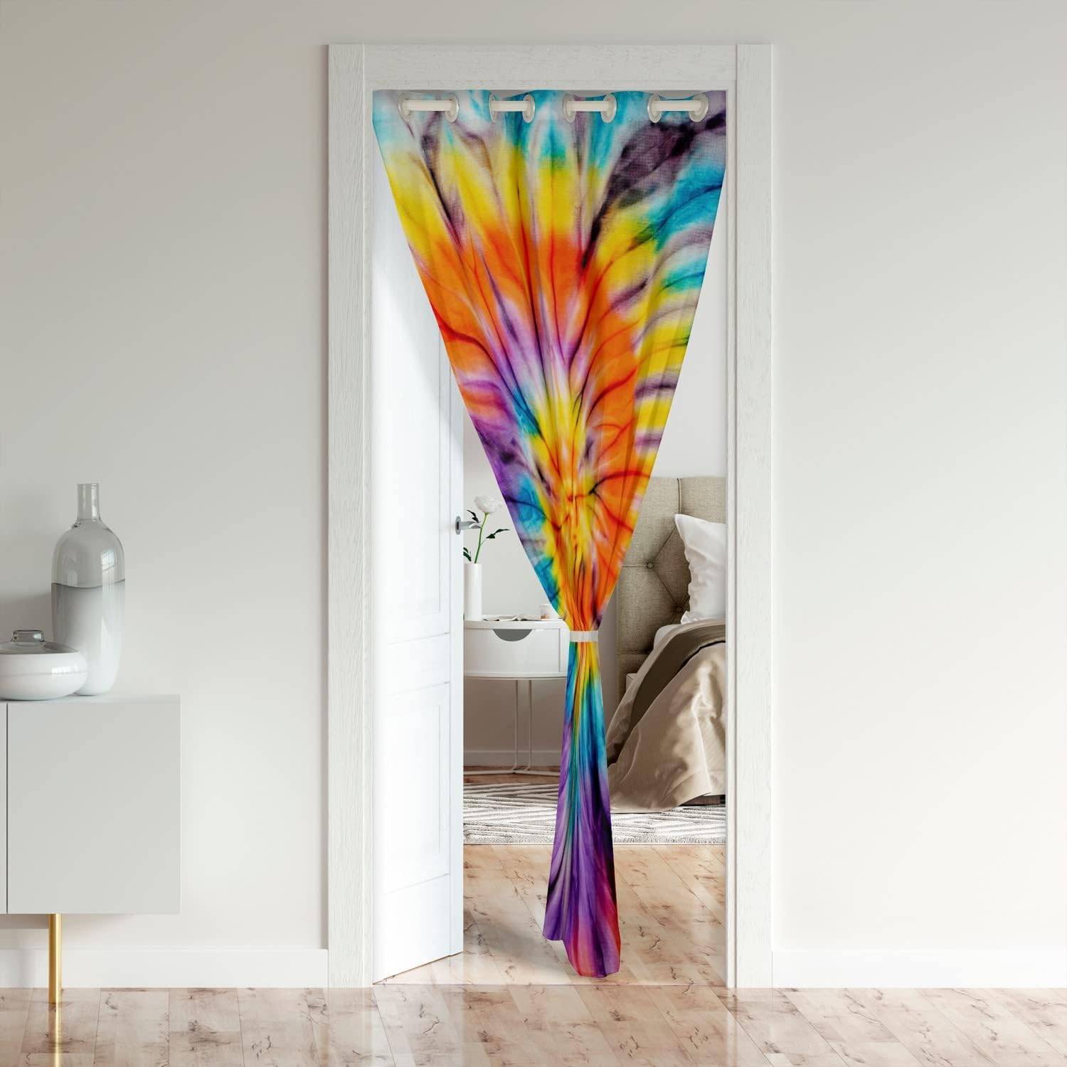 Cortina de puerta colorida con teñido anudado para puerta, privacidad, acuarela, degradado, arco iris, espiral, cortina opaca con tinta exótica,