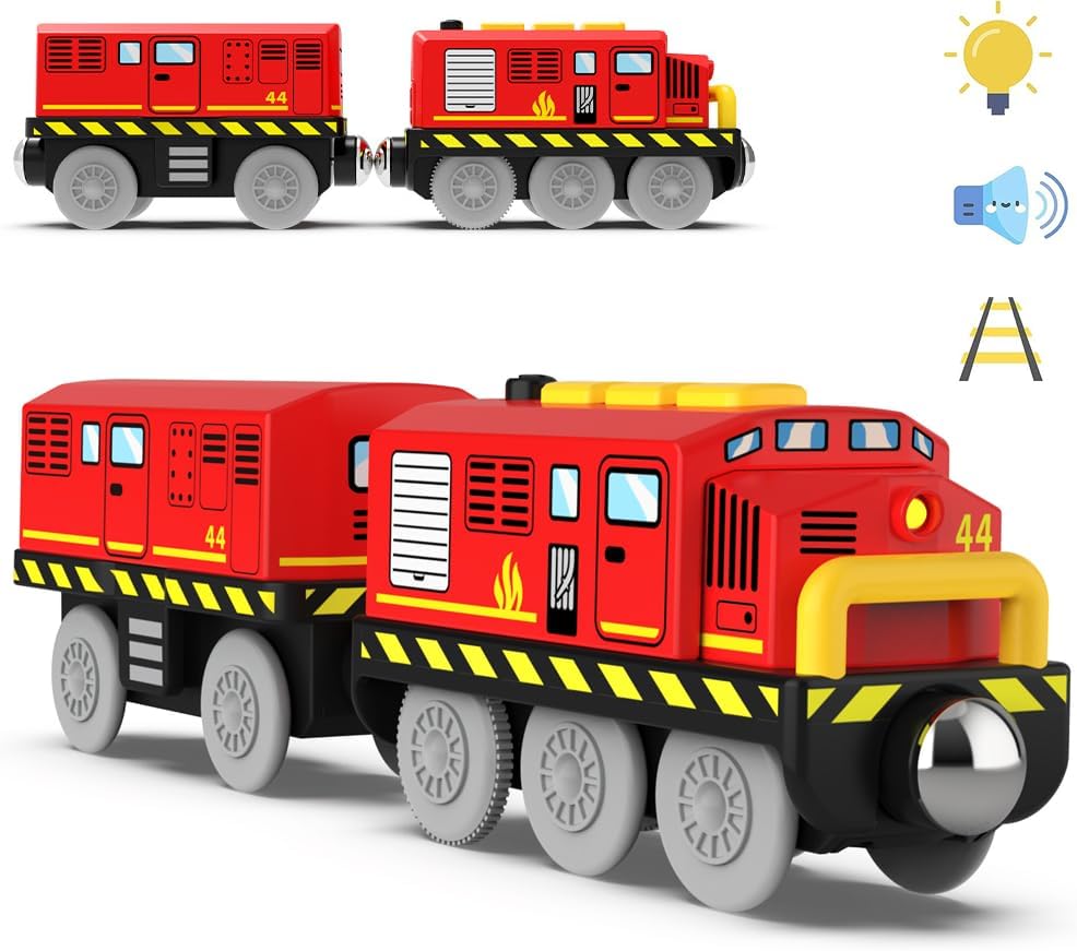 Trenes a pilas para locomotora de madera con luz y sonido para niños de 3, 4, 5 años, compatible con Thomas, Brio, Chuggington, Melissa y Doug (rojo)
