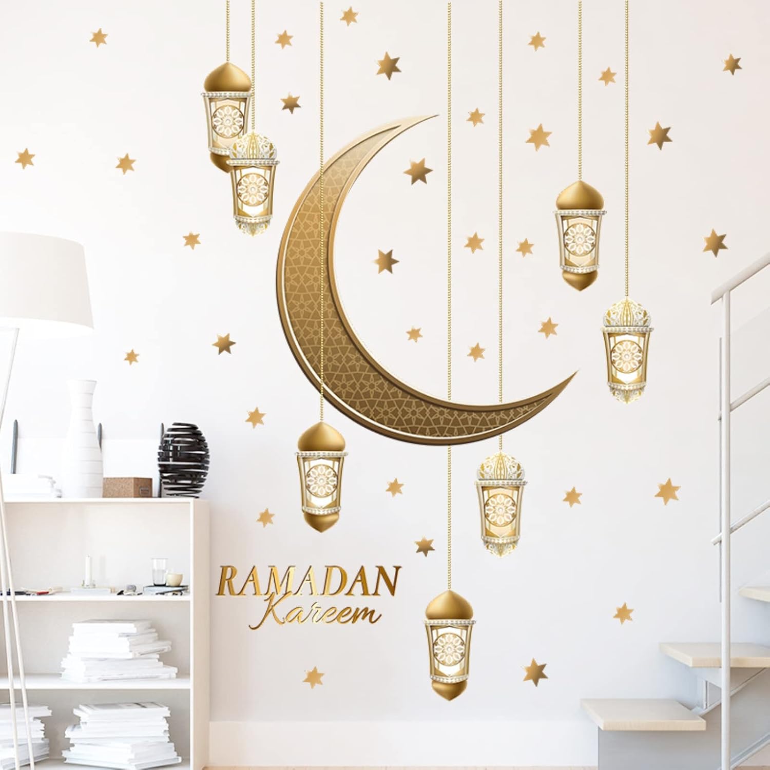 Calcomanías de decoración de pared de Ramadán, calcomanías islámicas musulmanas para colgar Eid Mubarak Ramadán, farol de Ramadán, luna y estrella,