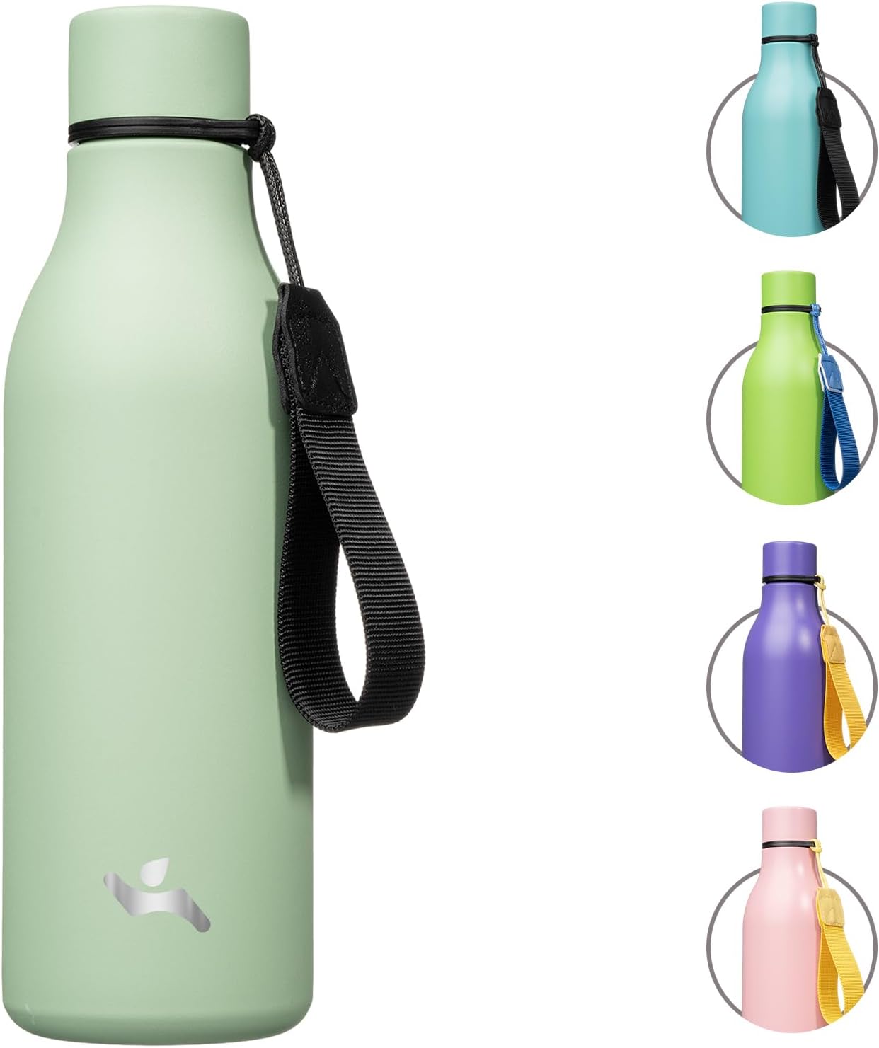 Botella de agua aislada con correa, botellas de acero inoxidable de doble pared de 18 onzas, botella de agua de metal, verde macarrón