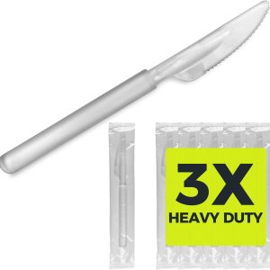 3 cuchillos de plástico transparente resistentes envueltos individualmente, resistentes como cubiertos, paquete de 100 cuchillos desechables a 3 cuchillos de plástico transparente resistentes envueltos individualmente, resistentes como cubiertos, paquete de 100 cuchillos desechables a