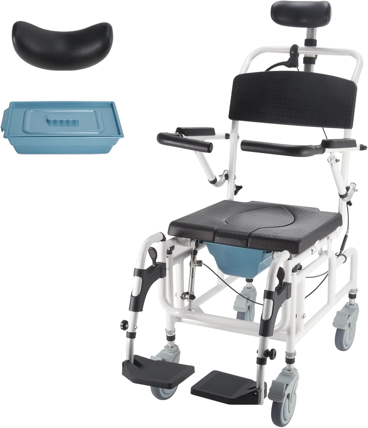Silla de cama 4 en 1, silla de ruedas inclinable para ducha de 30, silla de champú con reposacabezas y cubo, silla con ruedas de transporte