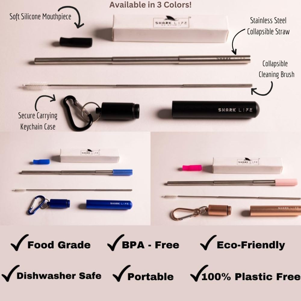 SharkLife – Pajita telescópica de viaje reutilizable con estuche, un cepillo de limpieza y boquilla de silicona suave, popote de acero inoxidable,
