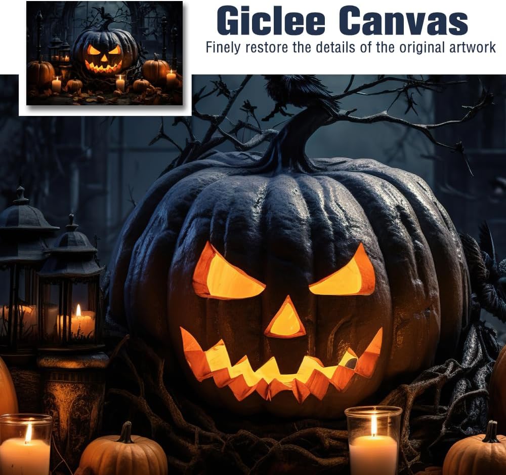 Decoración de Halloween para el hogar, Jack-O’-Lantern en el altar, arte de pared de lienzo negro sonriente espeluznante linterna de calabaza con