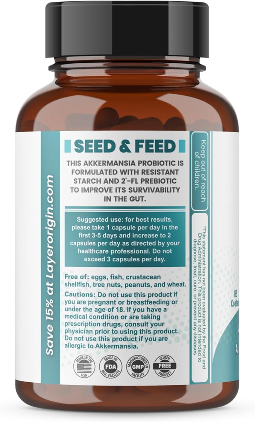 Layer Origin Akkermansia Muciniphila Probiótico con PureHMO Oligosacáridos de leche humana prebiótico para GLP, metabolismo, 60 cápsulas, suministro