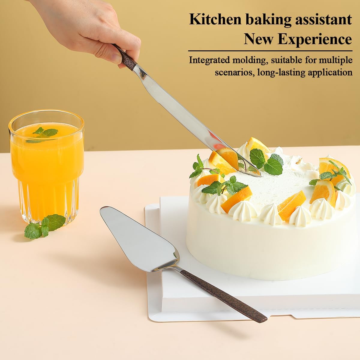Juego de cuchillos y servidores para tartas de boda, mango marrón y cabeza plateada brillante para tartas para todos los días, bodas y cumpleaños,