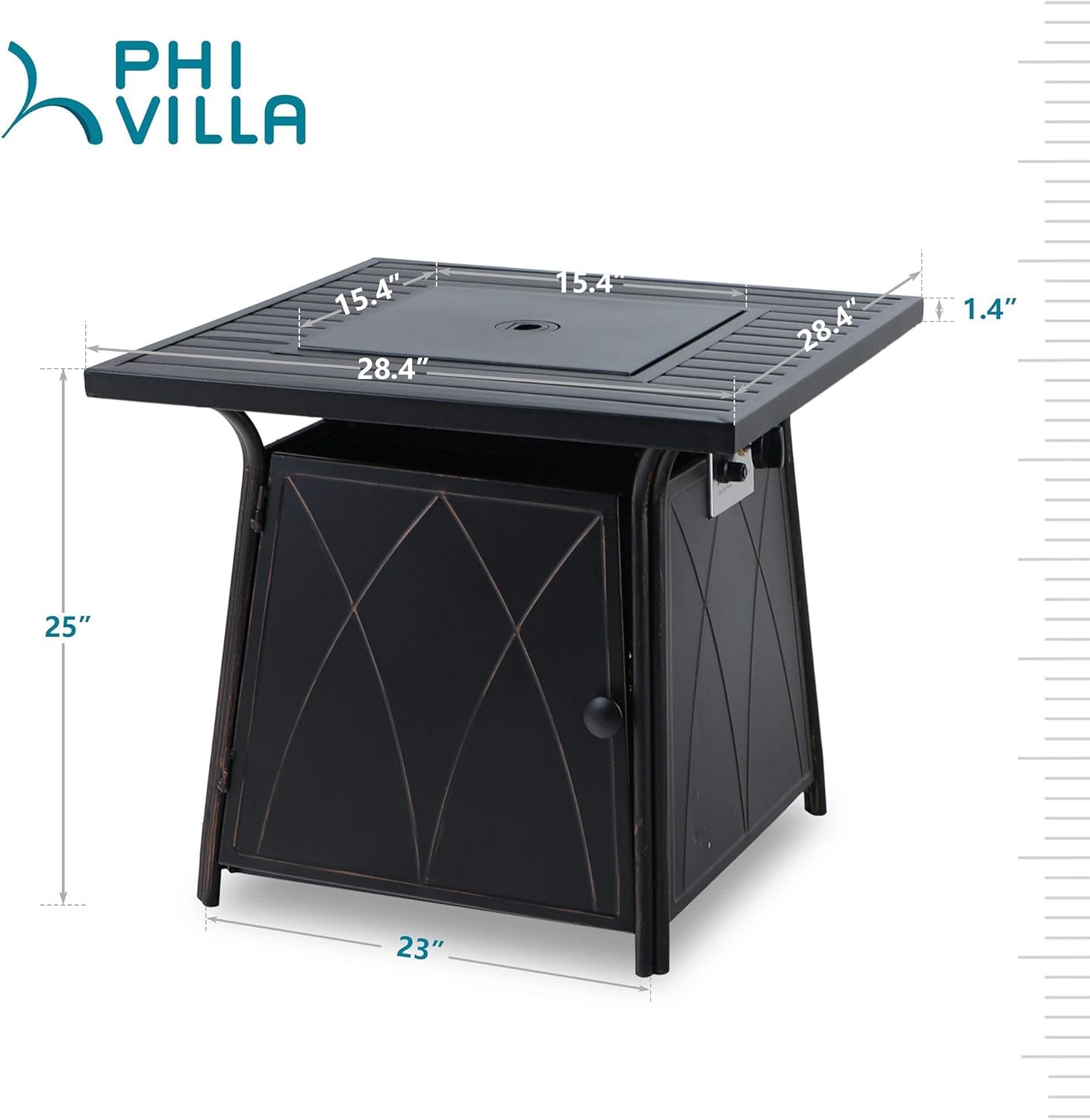 PHI VILLA Mesa para fogata de gas de 28 pulgadas, 50000 BTU cuadrada para exteriores con tapa y vidrio azul para patio, patio trasero y jardín,