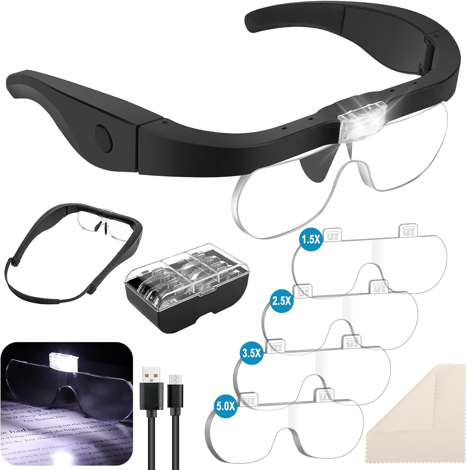 Lupas recargables, lupa iluminada para la cabeza con luz, lupa iluminada manos libres con 4 lentes desmontables 1.5X, 2.5X, 3.5X, 5X para leer joyas