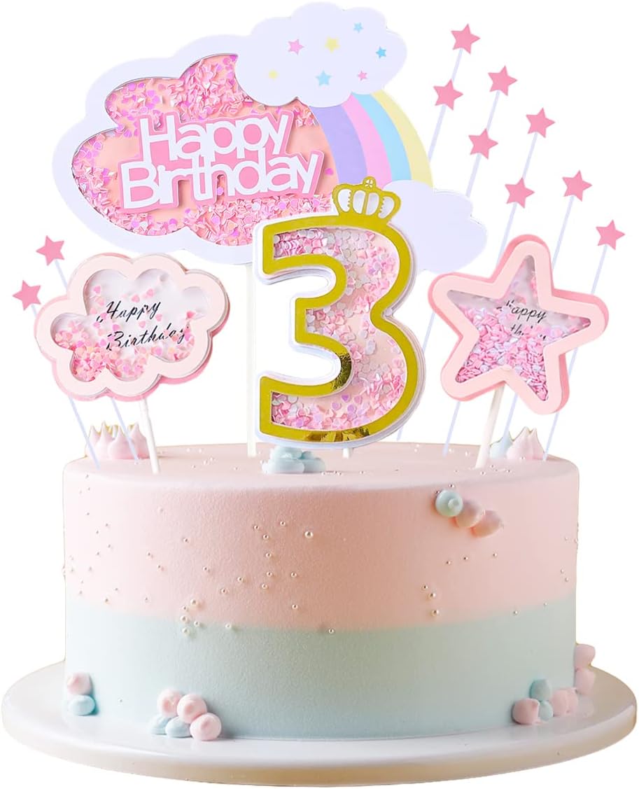 Juego de decoración de pastel de tercer cumpleaños para bebé niño con nubes de arco iris, estrellas, palillos para tartas de tres años, suministros