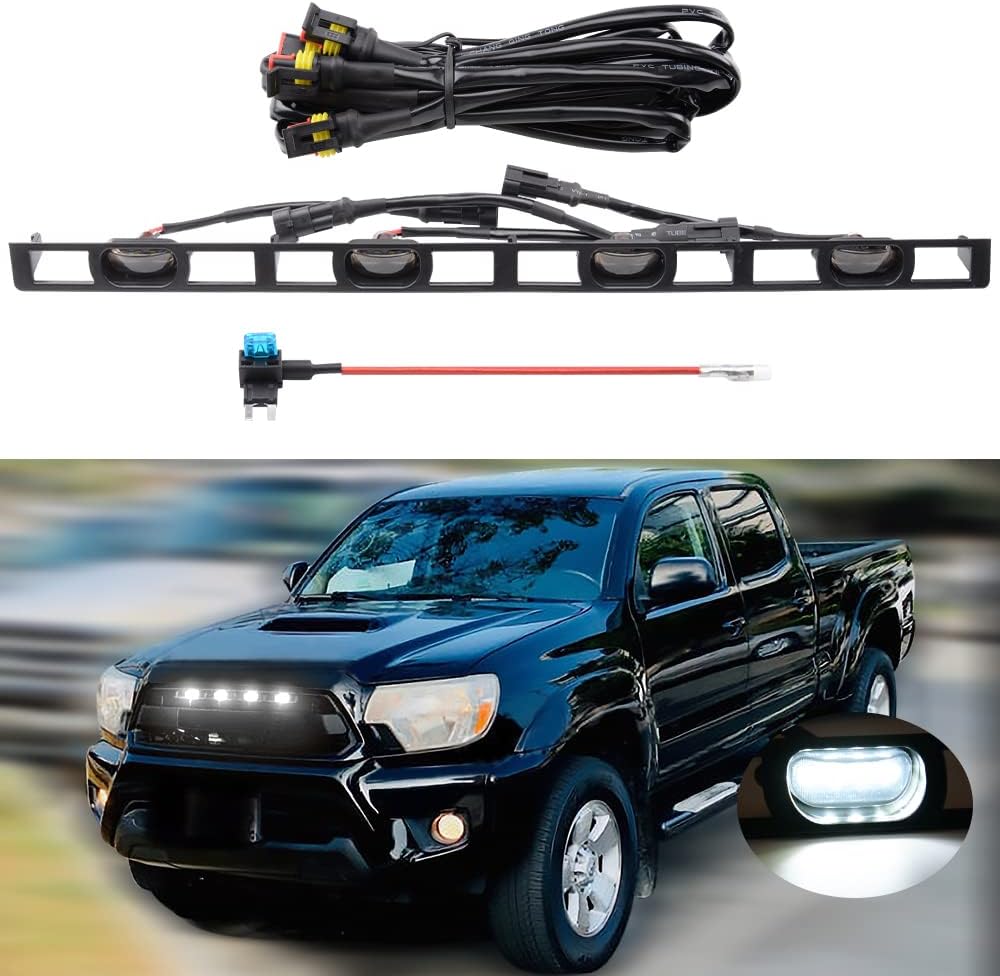 MEALAM Luces LED blancas 4 piezas parrilla delantera Raptor lámparas accesorios de coche con arnés y fusible, compatible con Toyota Tacoma 2012 2013