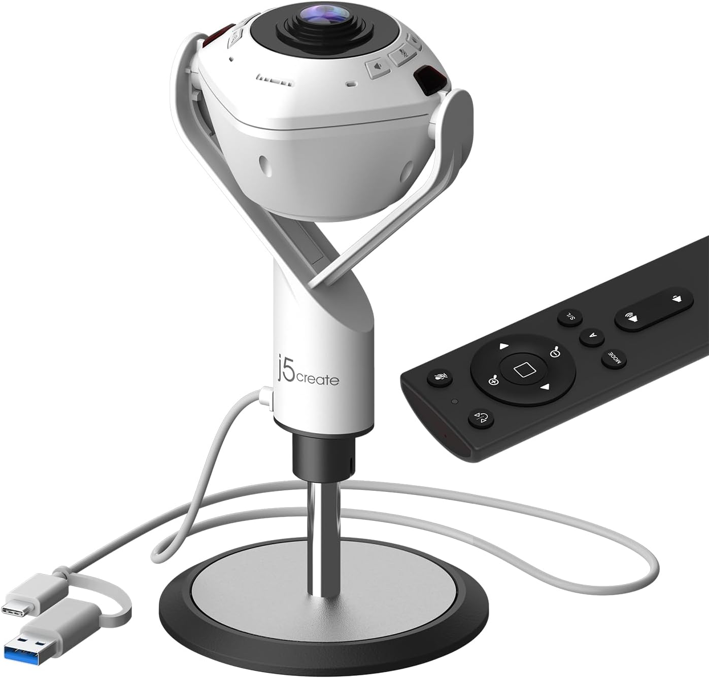 j5create Cámara web JVU368-360 con tecnología de IA con altavoz, seguimiento inteligente, encuadre automático, cámara de sala de conferencias,
