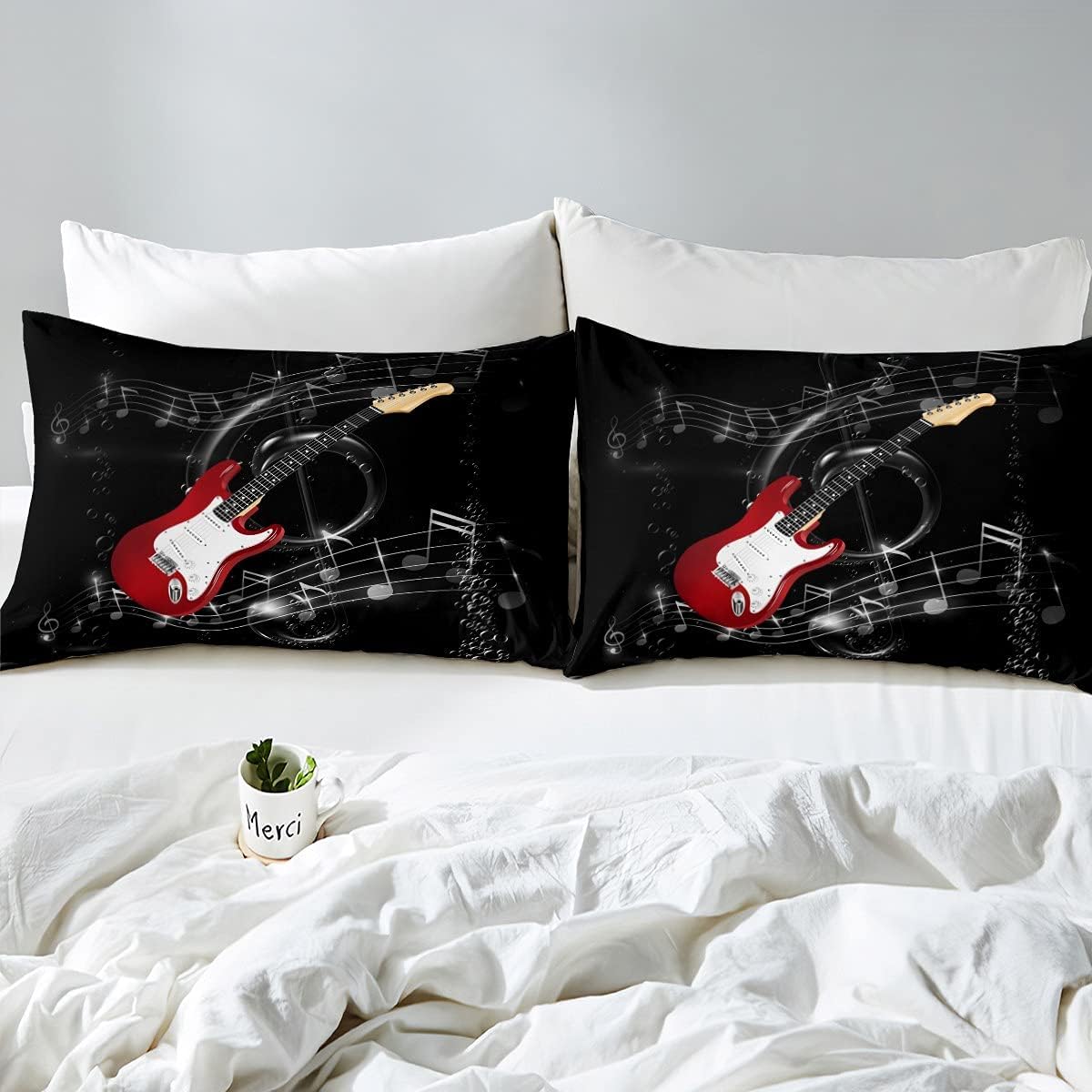 Erosebridal Juego de edredón de guitarra, juego de edredón de notas musicales para adolescentes, tamaño King, juego de ropa de cama de hip hop con