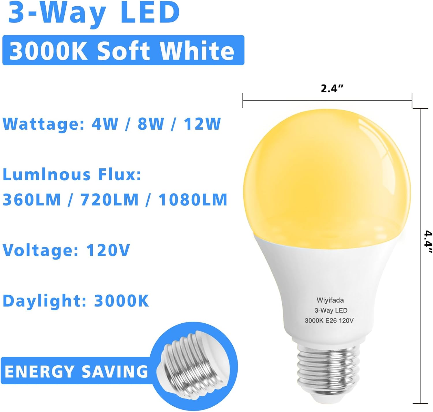 Wiyifada Paquete de 2 bombillas LED de 3 vías, equivalente a 30, 70, 100 W, color blanco suave de 3000 K, base E26, bombillas de 3 vías para lectura