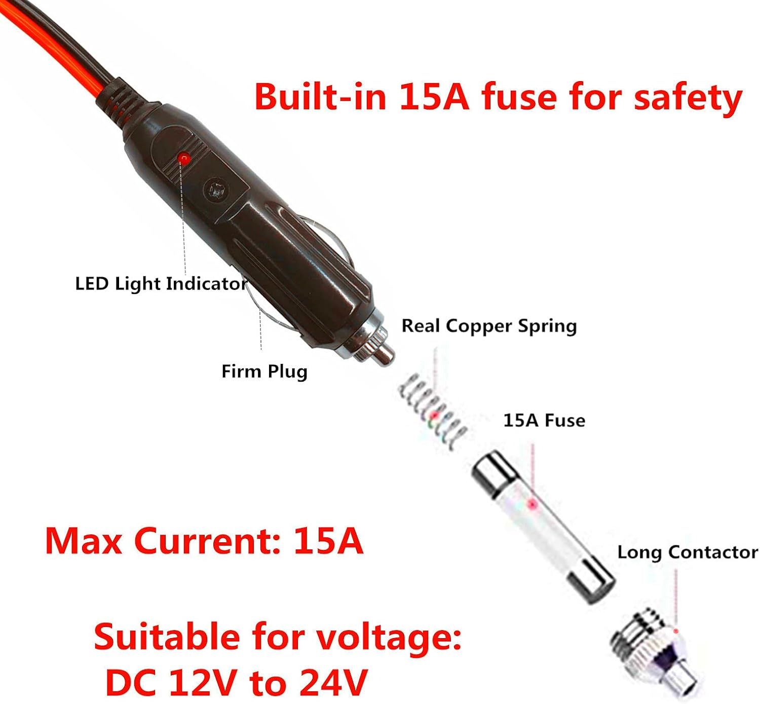 LECODO Enchufe macho de repuesto para encendedor de cigarrillos de 12 V y 24 V con cables, accesorios de fuente de alimentación, cable adaptador de