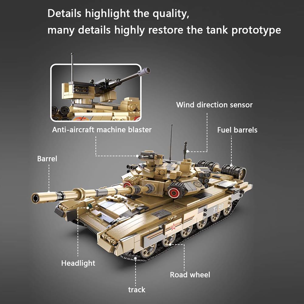 Juego de bloques de construcción de tanque del ejército, la Segunda Guerra Mundial, modelo militar ruso T90 de tanque de batalla principal con 3