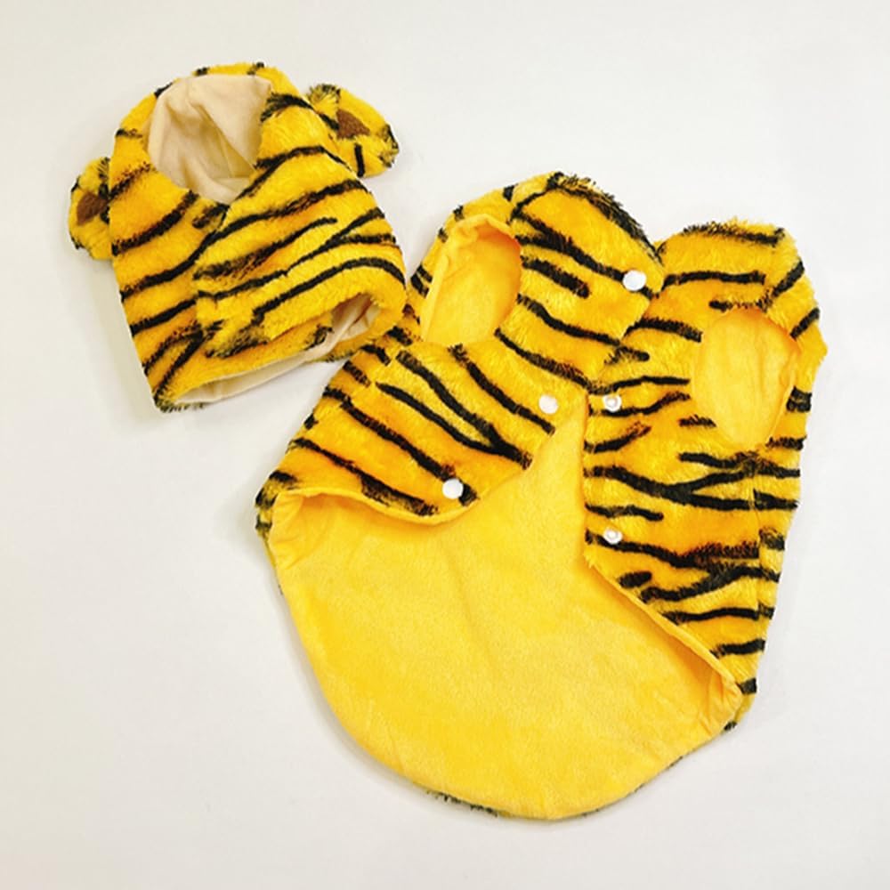 Disfraz de tigre para perro pequeño para Halloween y mascotas, ropa de cosplay de vellón cálido con capucha para perro, chaqueta de invierno y gato
