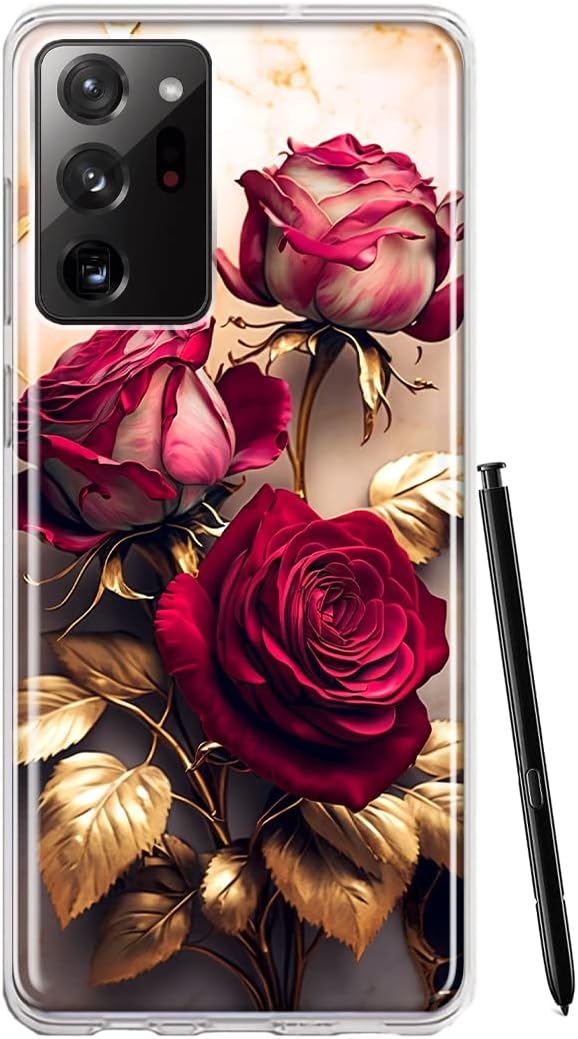 MUNDAZE – for Samsung Galaxy Note 20 Ultra Romantic Elegant Gold Marble Red Roses Case Slim Hybrid Shockproof Hard Shell Soft TPU Heavy Duty
