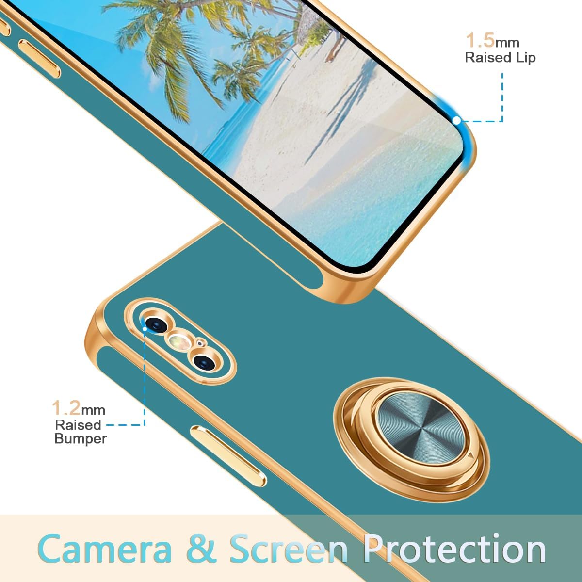 Fingic Funda para iPhone X, iPhone XS con soporte de anillo de 360 Soporte magnético giratorio con borde dorado brillante, delgada, suave TPU a
