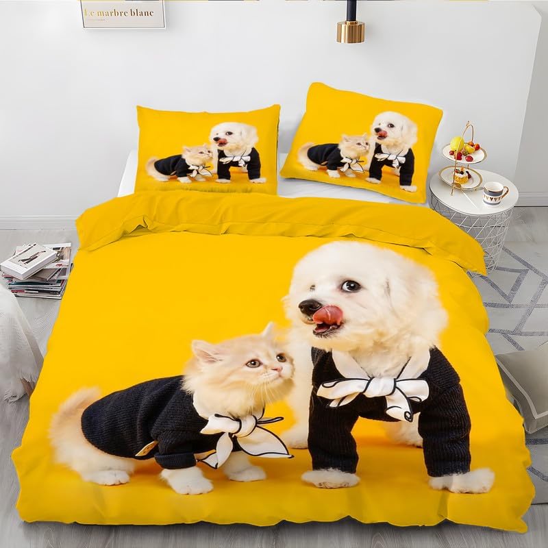 Yellow Cat California King Duvet Cover Animal Print Bedding Soft Microfiber Comforter Cover and 2 Pillow Shams 20″X36″, Bed Set Duvet Covers with