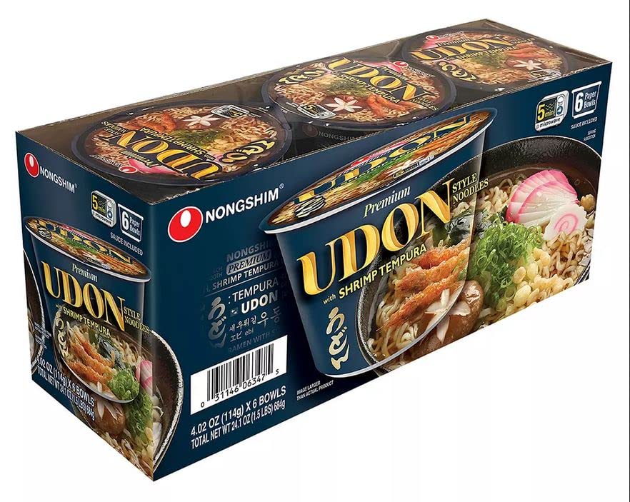 Nongshim Fideos prémium estilo Udon con tempura de camarones, hechos con auténtico condimento estilo Udon, 24.13 oz  6 x 4.02 oz