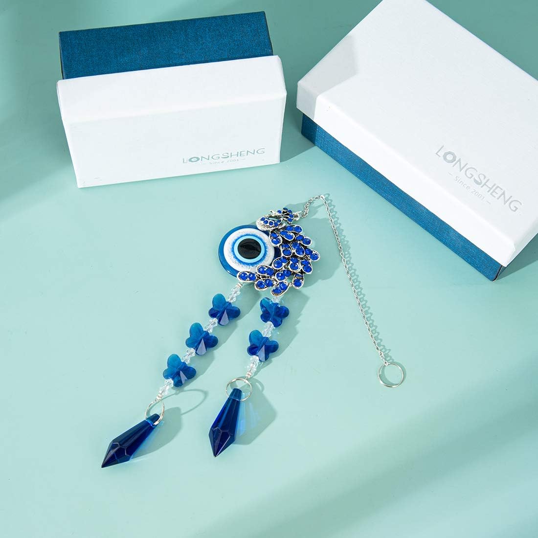 Colgante colgante de cristal azul pavo real con protección contra el mal de ojo, regalo