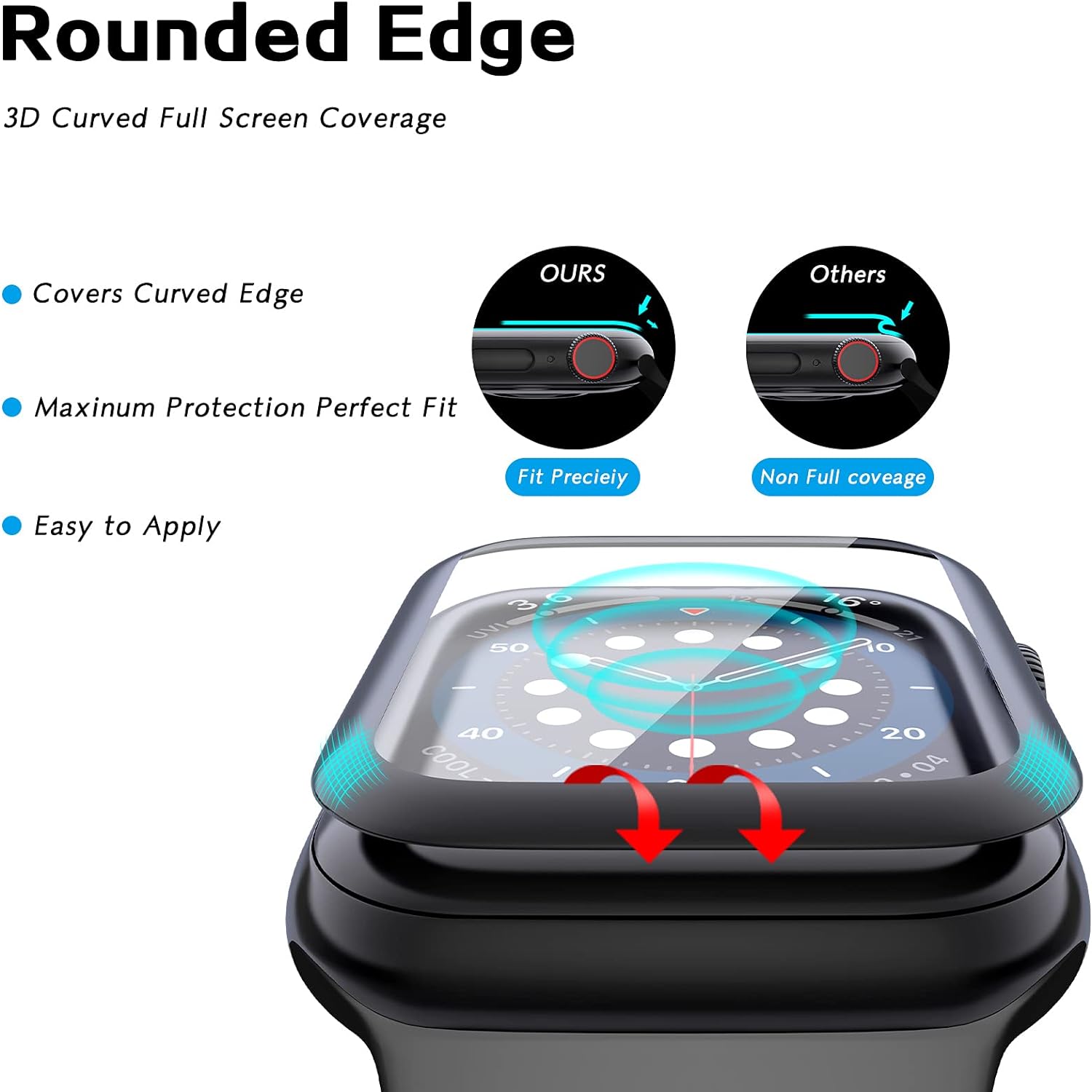 Paquete de 2 Protector de pantalla de vidrio templado para Apple Watch Series 6SE54, cubierta protectora de cobertura completa con borde curvado 3D,