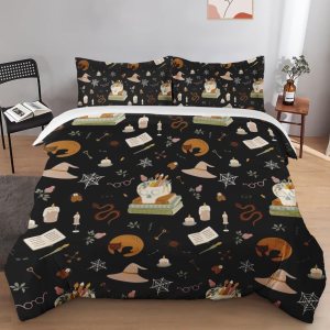 Juego de funda de edredón, juego de ropa de cama retro de bruja con polilla de gato para niños y adultos, decoración de dormitorio, juego de funda Juego de funda de edredón, juego de ropa de cama retro de bruja con polilla de gato para niños y adultos, decoración de dormitorio, juego de funda