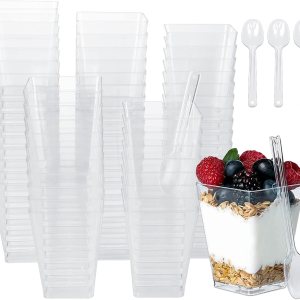 LISHINE Paquete de 100 tazas de postre de plástico de 5 onzas con tapas y cucharas, tazas de yogur para parfait con tapas, tazas desechables para LISHINE Paquete de 100 tazas de postre de plástico de 5 onzas con tapas y cucharas, tazas de yogur para parfait con tapas, tazas desechables para