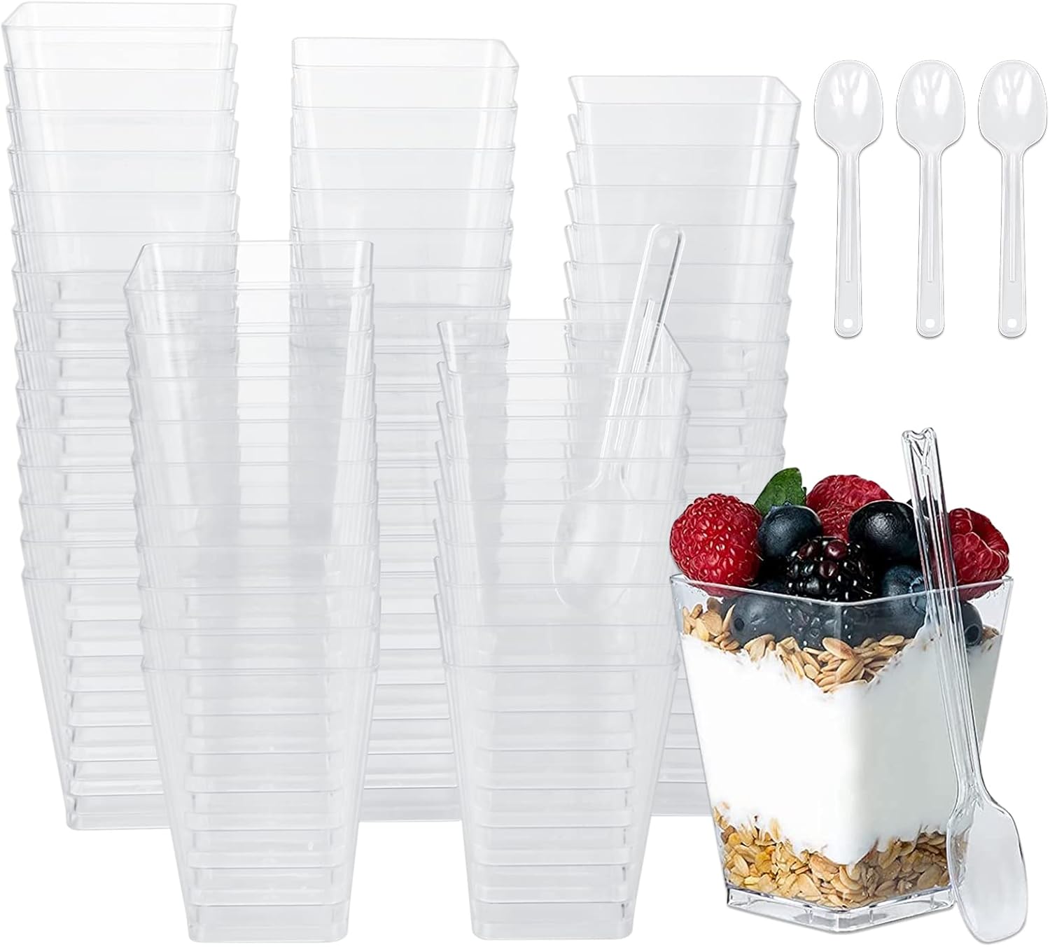 LISHINE Paquete de 100 tazas de postre de plástico de 5 onzas con tapas y cucharas, tazas de yogur para parfait con tapas, tazas desechables para
