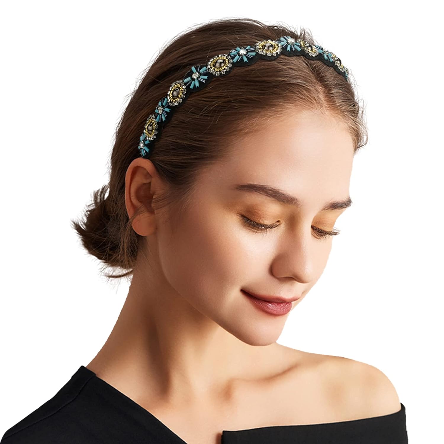 AMCAMI 5 diademas de cuentas con perlas y diamantes de imitación para mujer, bandas para la cabeza con cuentas brillantes, diademas hippie para