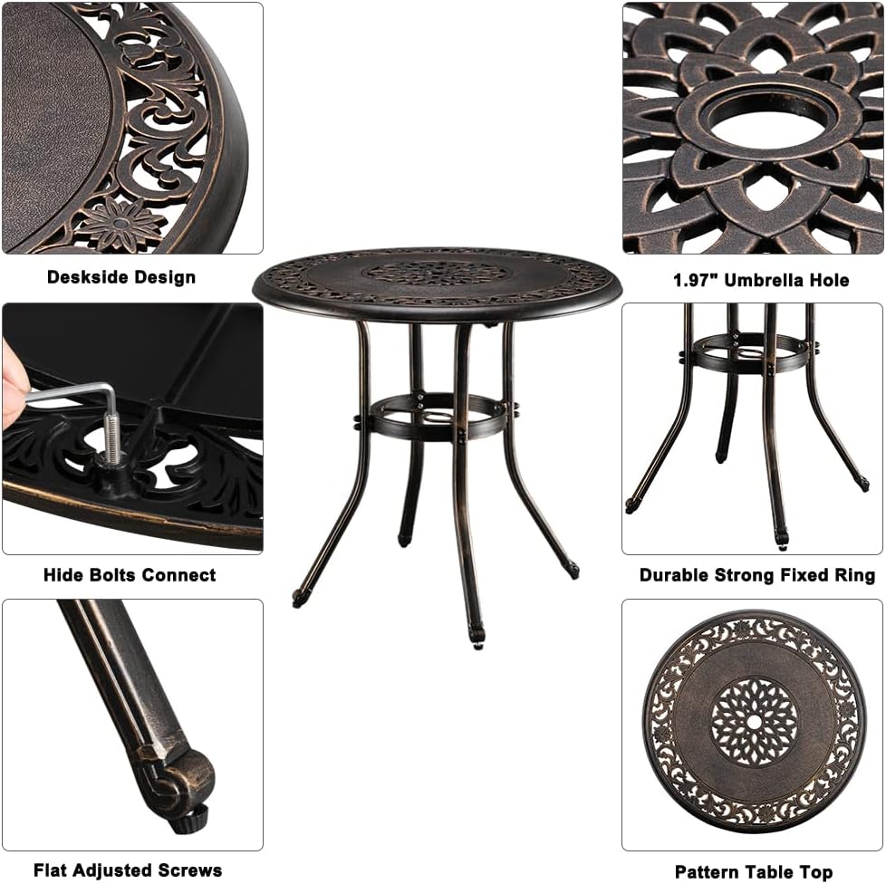 Henf Mesa de comedor de aluminio fundido para exteriores con agujero de paraguas de 2 pulgadas, 32 pulgadas de diámetro, mesa de comedor redonda