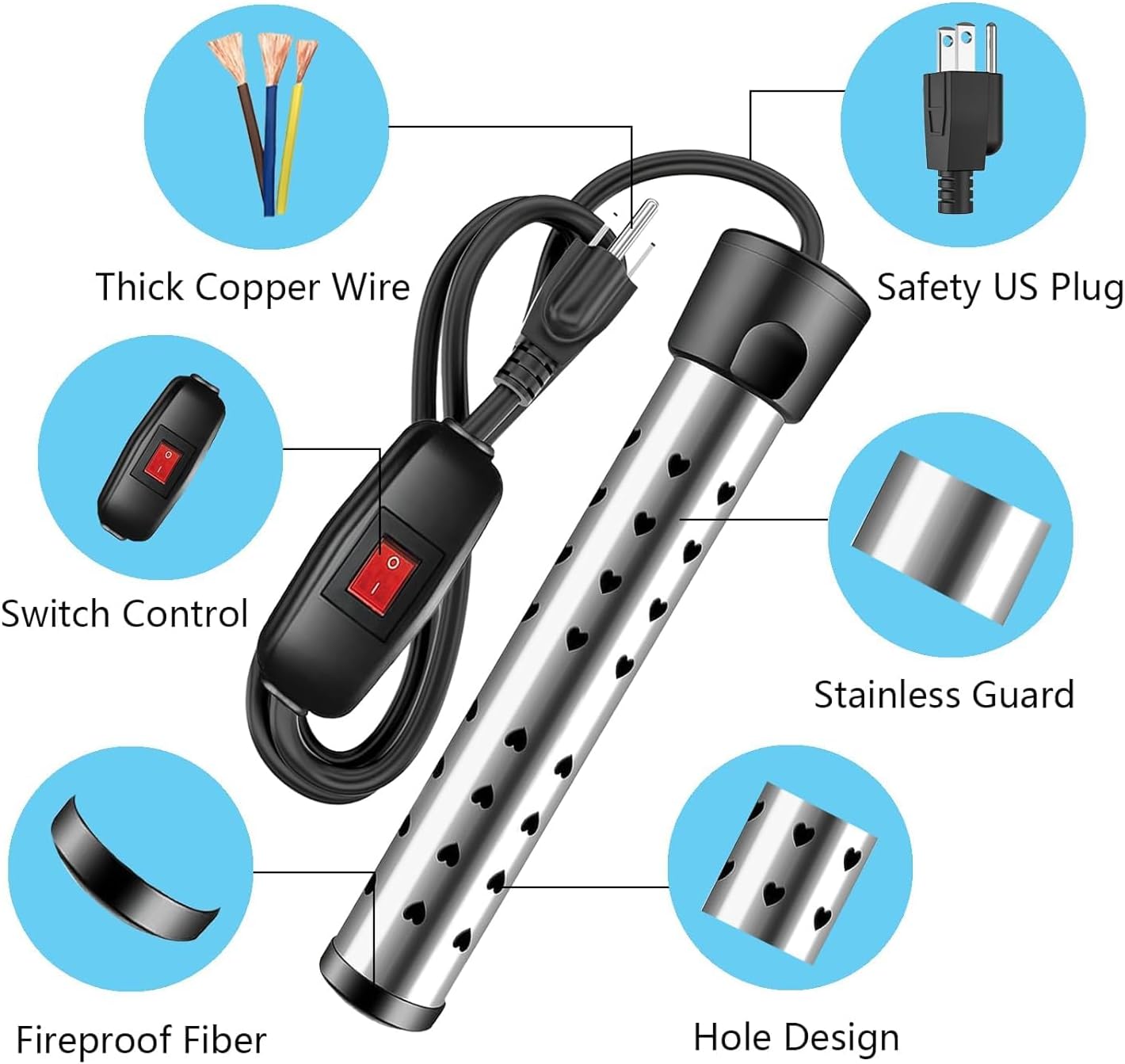 Calentador de piscina de 1500 W para piscina inflable sobre el suelo, calentador de agua de inmersión para bañera con control termostático e