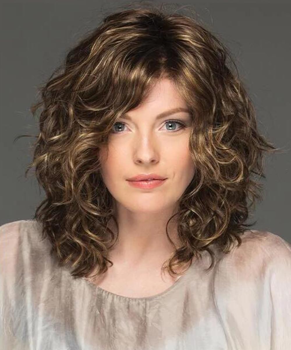 SEVENCOLORS Pelucas rizadas de longitud media con reflejos, pelucas cortas de color castaño mezclado con rubio, pelucas de cabello sintético